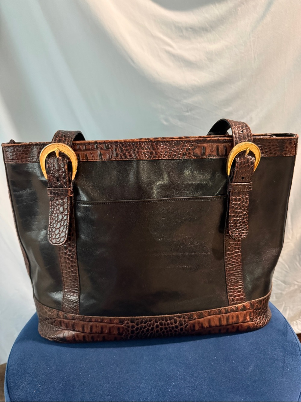 Brahmin Tuscan Collection Tote Shoulder Bag Black Leather Brown Croc Embossed - Picture 13 of 16